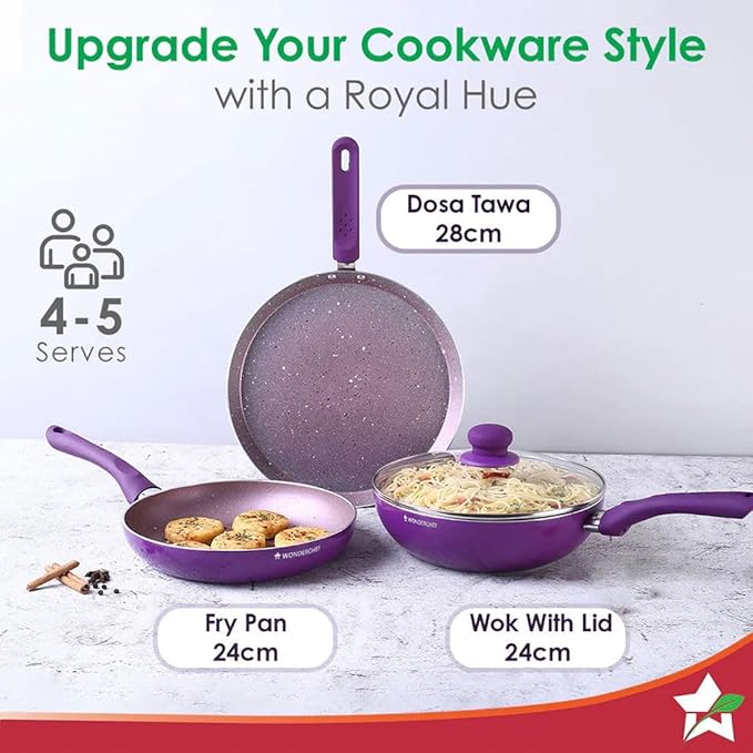 Wonderchef Royal Velvet Plus Induction Base Aluminium Nonstick Cookware 4-Piece Set Frying Pan, Wok, Dosa, Tawa StandardPurple