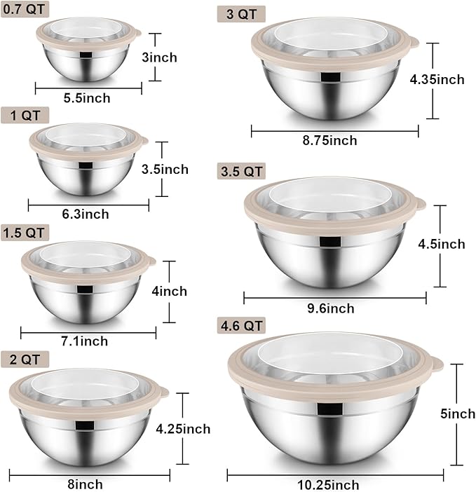 E-far Stainless Steel Mixing Bowls with Airtight Clear Lids Set of 7, Metal Nesting Bowls for Kitchen Prep, Baking, Cooking, Serving, Salad, Dishwasher Safe, Size 4.6, 3.5, 3, 2, 1.5, 1, 0.7QT, Khaki