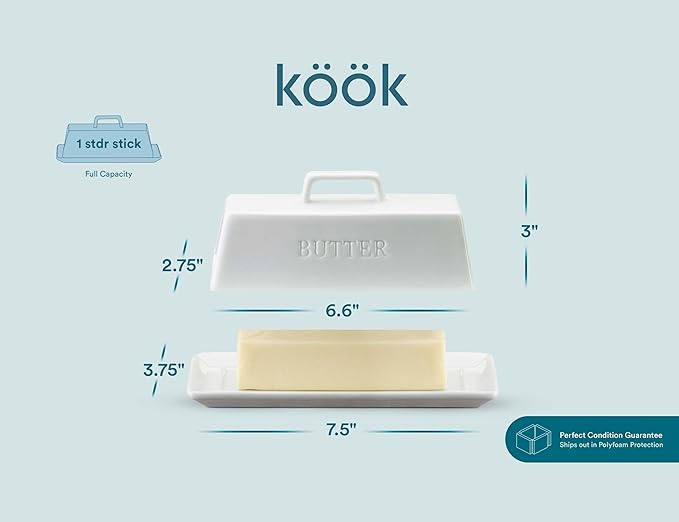 Butter Dish with Lid, by Kook, Butter Dish with Lid for Countertop, Ceramic, Butter Tray, Kitchen Butter Keeper, Butter Container, Butter Holder, Holds 1 Stick, Microwave and Dishwasher Safe, White