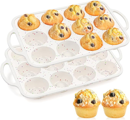 FUNBAKY Silicone Muffin Pans for Baking, Metal Reinforced Frame 12 Cups Regular Size Silicone Cupcake Pan Nonstick Muffin Tin for Baking Muffin, Cupcake, Frittatas,BPA Free, Dishwasher Safe