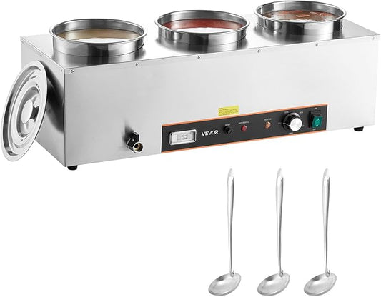 VEVOR Electric Soup Warmer, Three 6.34QT Stainless Steel Round Pot with 86~185°F Adjustable Temp, 1500W Commercial Bain Marie with Anti-Dry Burn and Reset Button, Soup Station for Restaurant, Buffet