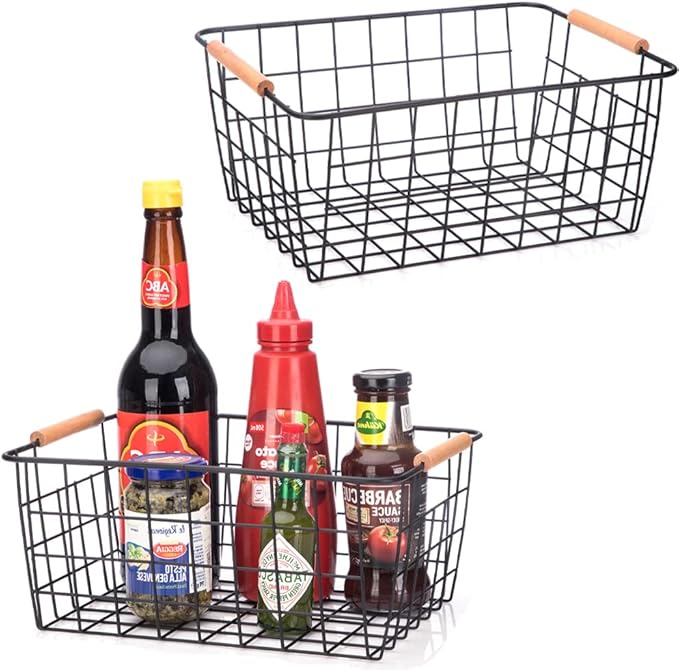 LeleCAT Wire Baskets with Wooden Handles Wire Storage Organizer Bin Baskets, Pantry, Closets, Bedrooms - Set of 2（Black）