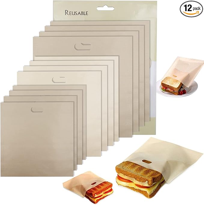 Toaster Bags Reusable for Grilled Cheese Sandwiches | Safest On The Market - 100% BPA & Gluten Free | Non Stick Toast Bag (12PCS)