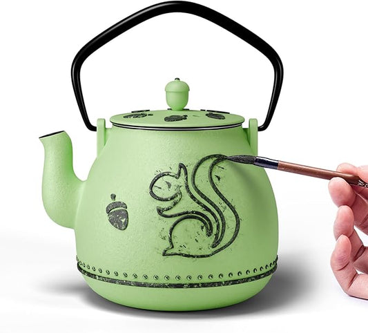 Toptier Teapot with Removable Infuser, Cast Iron Tea Kettle Stovetop Safe, Squirrel Design Tea Pot Coated with Enameled Interior for 32 Ounce (950 ml), Bright Green