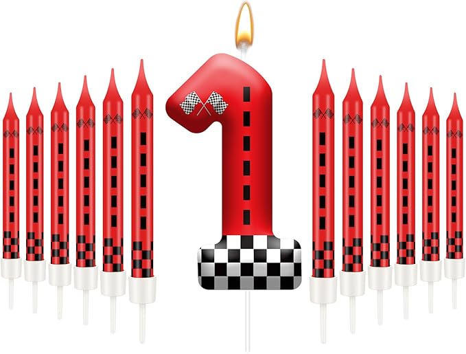13PCS Racing Car Theme Birthday Candle Set with Checkered Flag Design - Durable Cake Topper for Race Car Party Decorations, Kids Birthday Supplies - Number 1 Candle for Racing-Themed Celebrations