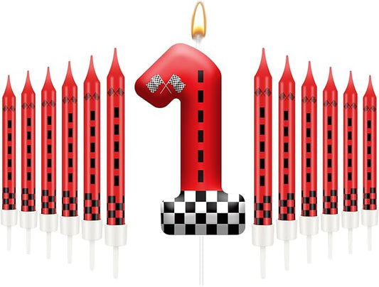 13PCS Racing Car Theme Birthday Candle Set with Checkered Flag Design - Durable Cake Topper for Race Car Party Decorations, Kids Birthday Supplies - Number 1 Candle for Racing-Themed Celebrations