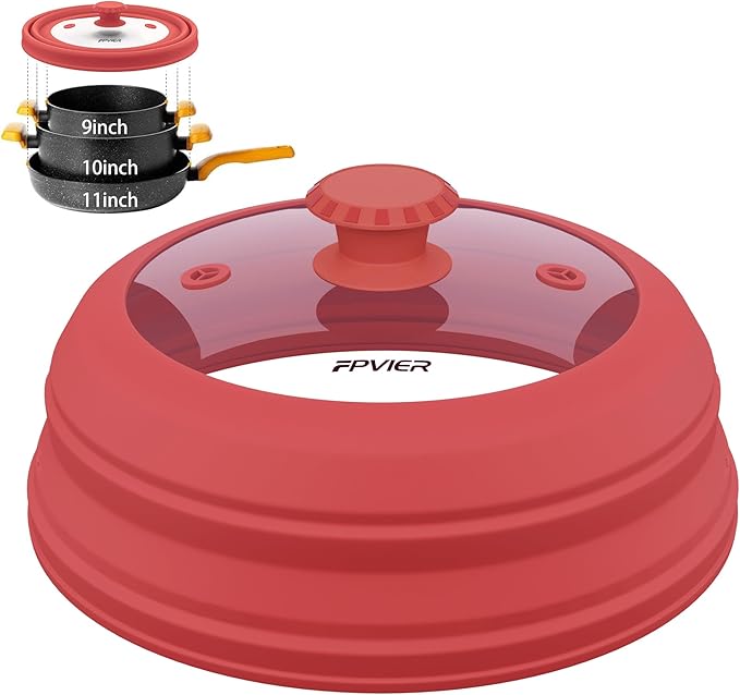 Collapsible Microwave Splatter Cover - Vented Silicone & Glass Lid with Easy-Grip Handle, Fits 6 to 11 Inch Plates & Bowls, 11.8 Inch Diameter, Prevents Splatters & Ensures Even Heating