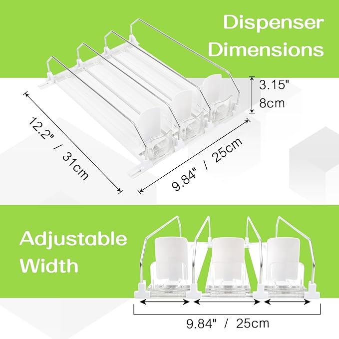 Soda Can Dispenser for Refrigerator - 3 Row Automatic Pusher Glide, Fridge Bottle Rack Drink Organizer, Self-Pushing Width Adjustable Beverage Storage Holds Up to 12 Cans (12.2inch, White)