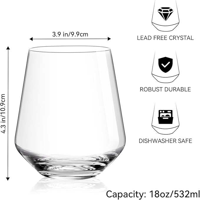 Physkoa Stemless Wine Glasses Set of 6 – 18oz Modern Crystal Glass, Lightweight & Dishwasher Safe | Red & White Wine Glasses for Daily Use, Parties, Housewarming or Birthday Gift