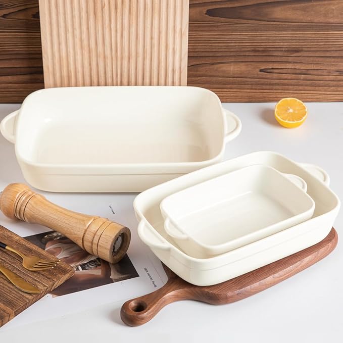 Sweejar Casserole Dishes for Oven, Ceramic Bakeware Set of 3, Lasagna Pan Deep with Handle, Rectangular Baking Pan Set, 9x13 Baking Dish for Cooking, Banquet and Daily Use (Beige)