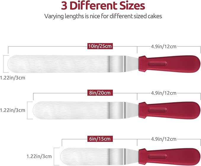 Icing Spatula, U-Taste Offset Spatula Set with 6", 8", 10" Blade, 18/0 Stainless Steel with PP Plastic Handle Angled Cake Decorating Frosting Spatula Set of 3 (Red)
