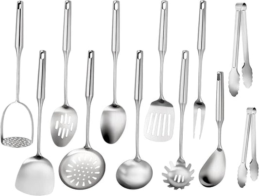 304 Stainlss Steel Kitchen Utensils Set, 12 Pcs Long Metal Utensils Set with Potato Masher, Spoon, Ladle, Skimmer, Turner, Pasta Server, Tongs etc(Dishwasher Safe)