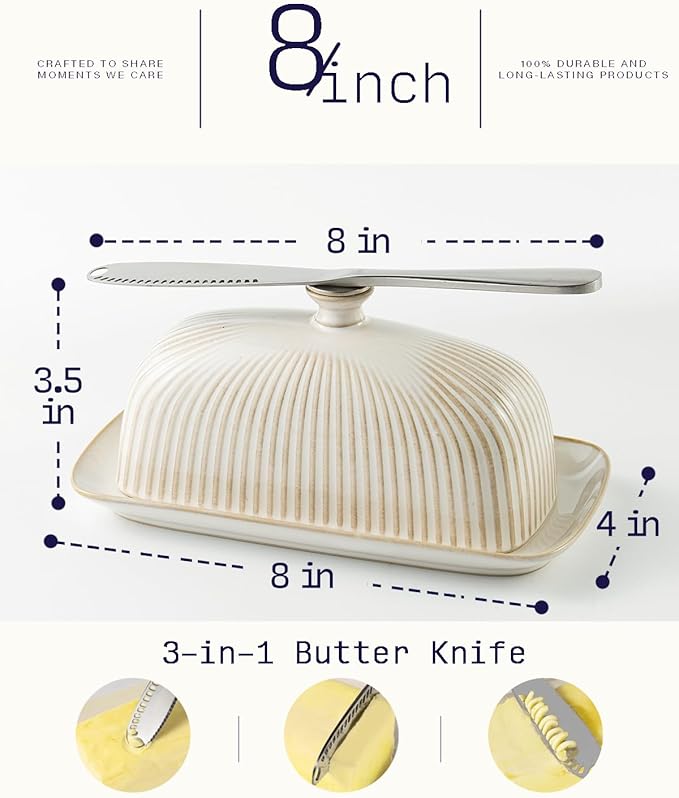 Getstar Ceramic Butter Dish with Lid and Stainless Steel Knife for Countertop, with Magnet to Attract Knife, Fit both West East Coast Butter
