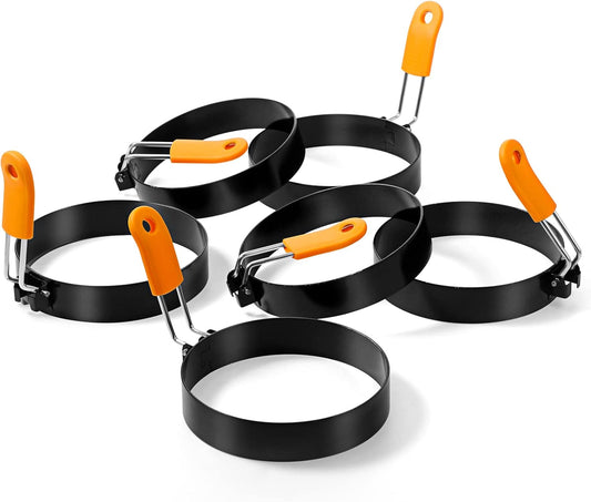 Patelai 6 Pcs Professional Egg Ring Pancake Ring Set Stainless Steel Fried Egg Molds Griddle Pancake Shapers with Orange Silicone Handle for Breakfast Omelette Sandwich(4 Inch)