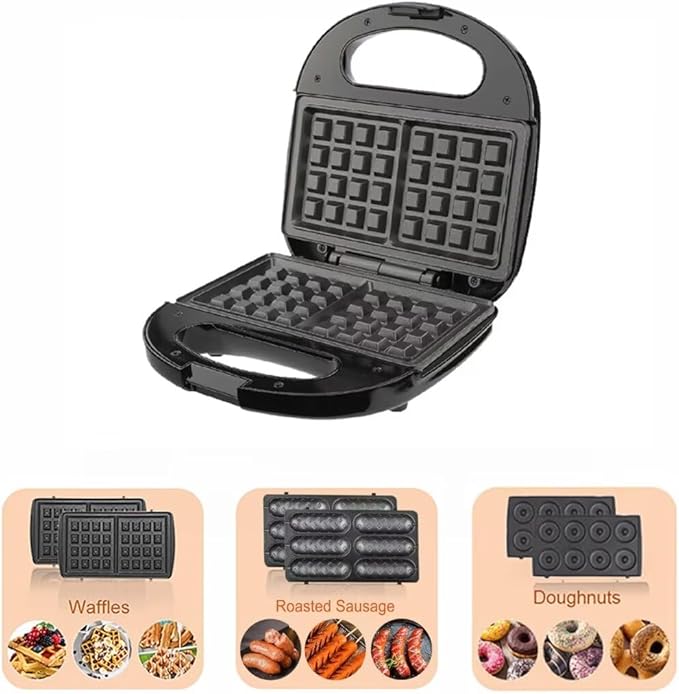 Waffle Maker,Donut,Hot Dog Machine Set,3-in-1 Multifunctional Breakfast Maker Machine with Iron Removable Plate Mold for Home,Kitchen,Cake,Paninis,Nut,Steaks,Grill,Lunch,Snacks or Dessert