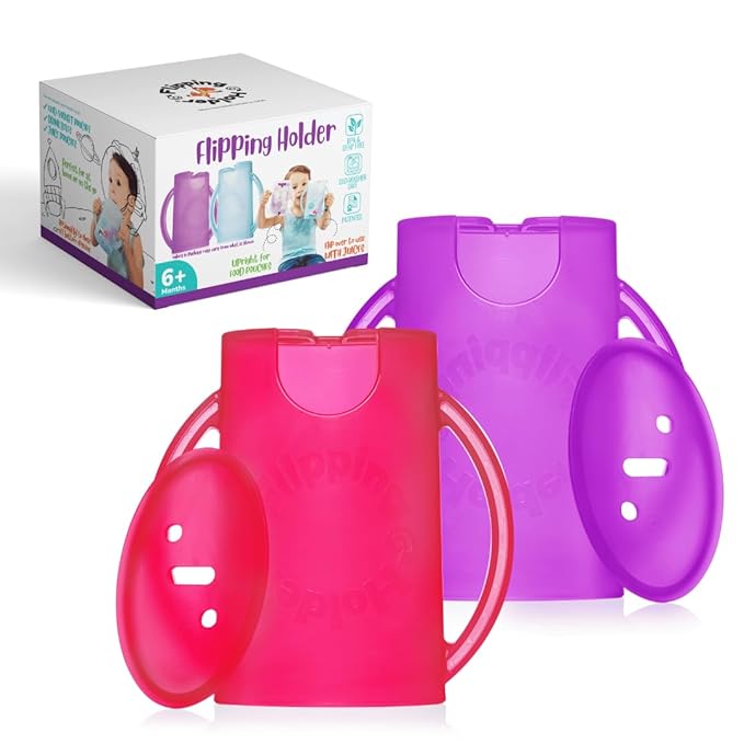 Squeeze Proof Food Pouch Holder for Toddlers, Babies, Kids, Mess Free No Squeeze Juice Box Drink and Applesauce Snack Holder with Easy Grip Handles and Lid