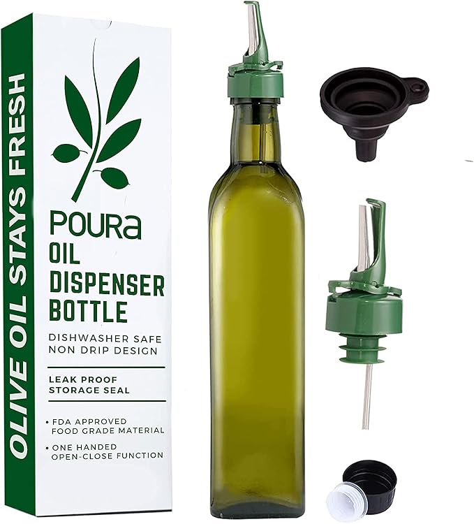 Poura Glass Olive Oil Bottle Drizzler with Pourer Spout - Hygienic Open and Close Pourer Prevents Oxidation Keeping Olive Oil Fresh - Includes Funnel for No Mess Or Wastage