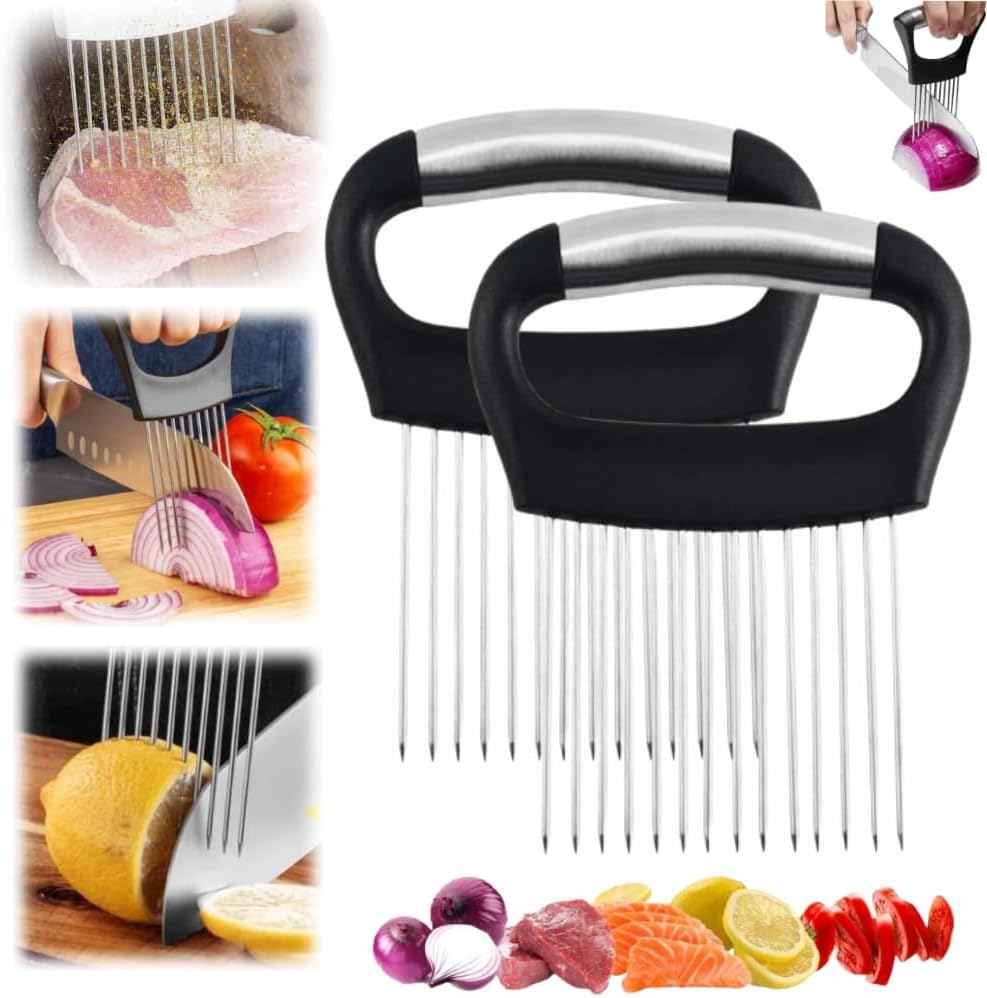 Onion Slice Holder, 2025 Upgraded Stainless Steel Onion Holder for Slicing Lemon Slicer Vegetable Cutter, Kitchen Chopper Slicing Assistant Tool for Meat, Onion, Potato, Tomato (2, D)