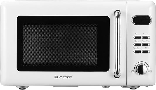 Emerson MWR7020W Compact Countertop Microwave Oven with Button Control, LED Display, 700W 5 Power Levels, 8 Auto Menus, Glass Turntable and Child Safe Lock, 0.7, Retro White