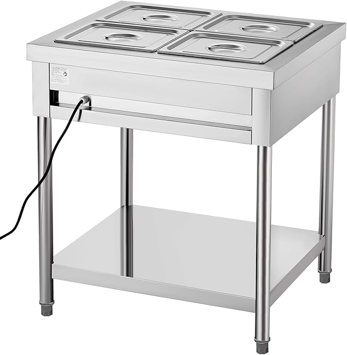 VEVOR 4-Pan Commercial Food Warmer, 4 x 1/2 Pans Electric Steam Table, 1500W Professional Buffet Catering Food Warmer with Undershelf, Stainless Steel Server for Restaurant Party Hotel