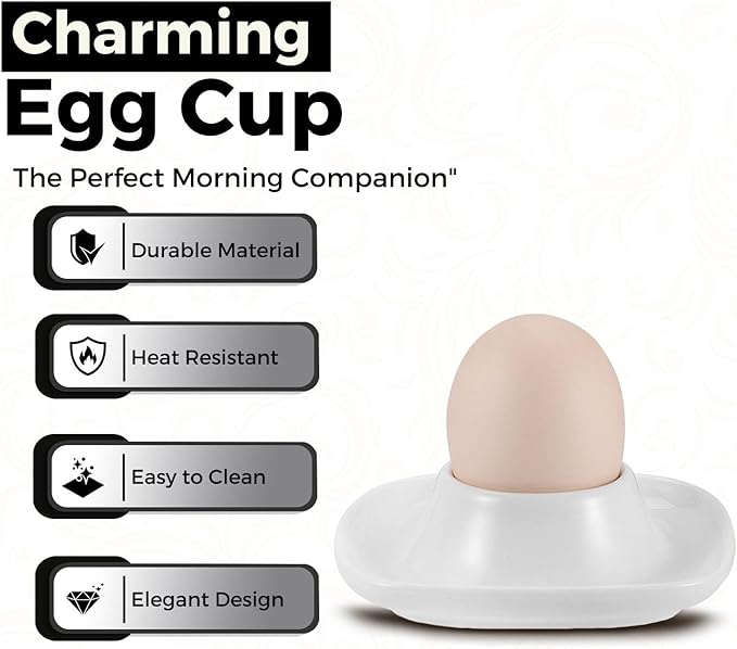 Flexzion Soft Boiled Egg Holder Set - Egg Cups for Soft Boiled Eggs British - Set of 6 Ceramic Egg Holder - Stackable Egg Coddler Cups with Base for Serving, Breakfast, Brunch, White