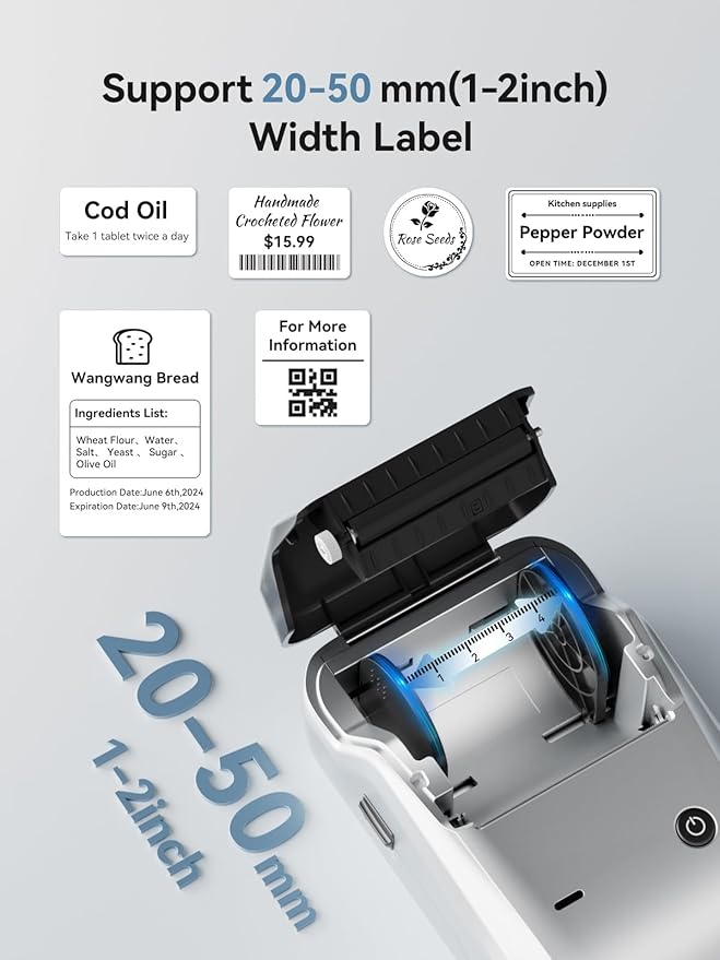 NIIMBOT B1 Label Maker, Portable Bluetooth Thermal Label Printer with Large Waterproof Tape and Multiple Templates for Kitchen, Home, School, Small Business,2 Inch (Silver, 1 Printer+1 Roll Label)