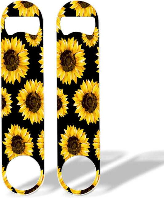 2 PACK Beer Bottle Opener, Stainless Steel Flat Bottle Openers,7 inch Metal Decor,Sunflowers On Black Background