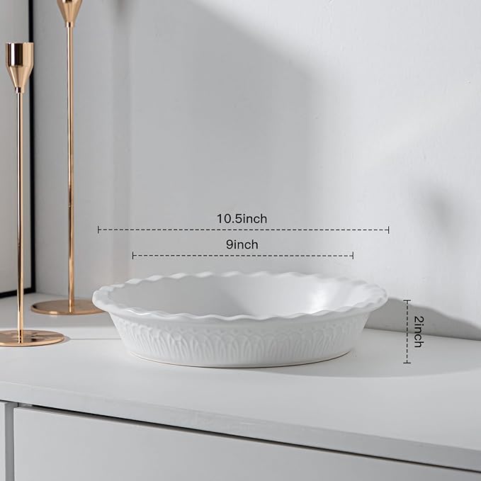 Fun Elements Ceramic Pie Pan, 9 Inch Pie Dish for Baking, Ruffled Pie Plate, Non-Stick Deep Dish Pie Pan for Apple Pie and Pot Pie, Thanksgiving Christmas Gifts, Set of 2, White