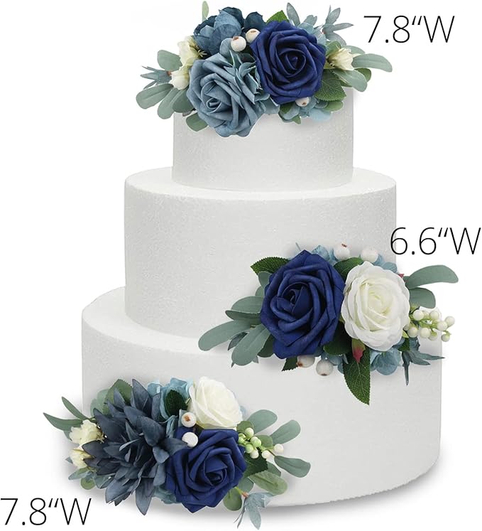 Rinlong 3Pcs Pre-made Cake Toppers Navy Blue Flowers Cake Decorations Wedding Cake Decorating Flowers Decor Birthday Baptism Party Cake Toppers