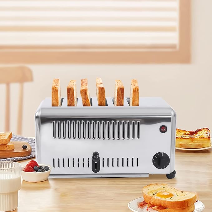 Commercial Toaster 6 Slices Stainless Steel Pop-Up Electric Toaster Machine Cool Touch Toaster Countertop Toaster 6 Slice 5 Minutes Timier Rapid Toaster w/Tray Restaurant