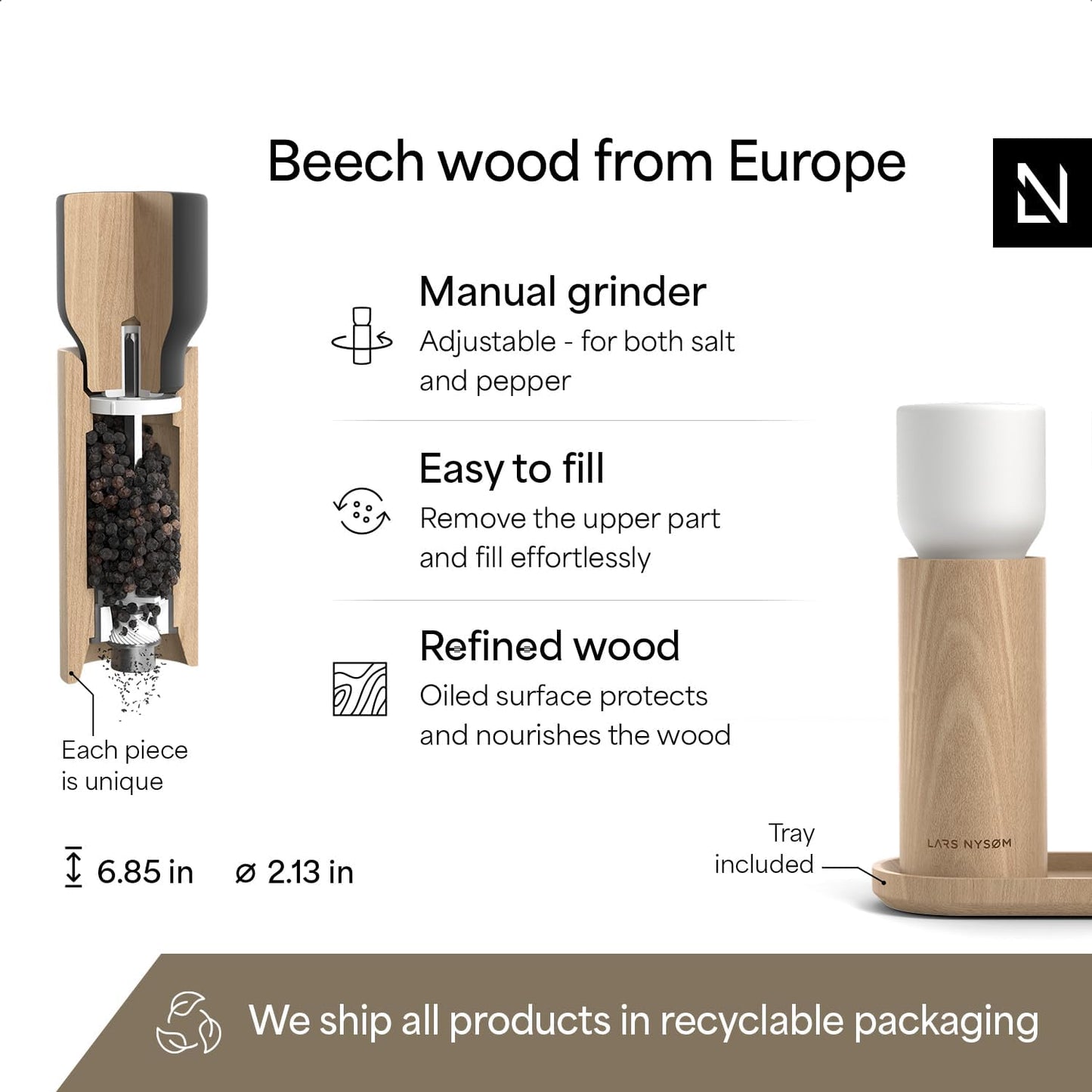 LARS NYSØM Wooden Salt and Pepper Grinder Set Manual with Tray - Salt and Pepper Mills with Adjustable Ceramic Grinder - Elegant Beechwood Pepper and Salt Mill Set for Dining Table (Black/White)