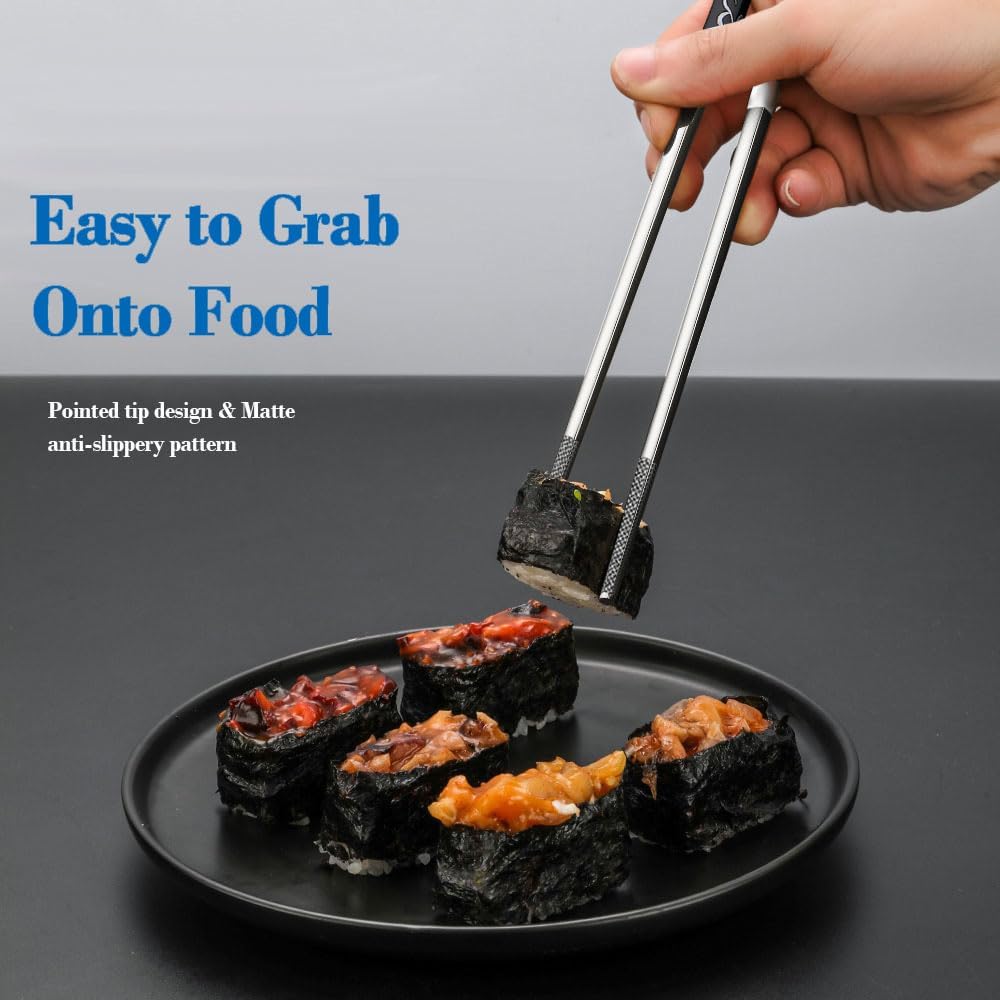 Stainless Steel Chopsticks With Case - Titanium Plated, Reusable, Non-slip, Engraved, Dishwasher Safe - 5 Pairs Set (BJ-Black05)