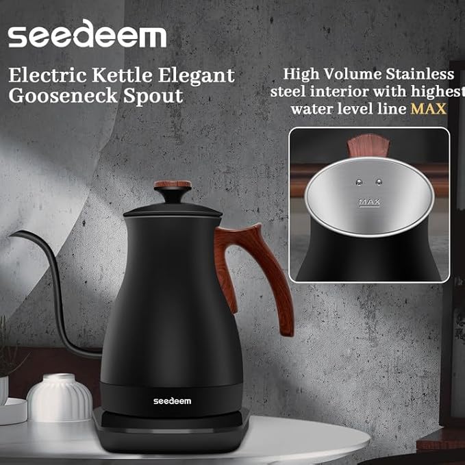 SEEDEEM Gooseneck Electric Kettle Full Touch Screen 1200W Electric Tea & Coffee Kettle with Four Heating Modes Rapid Heating,±1℉ Temperature Control，Keep Warm Mode,1L Electric kettle