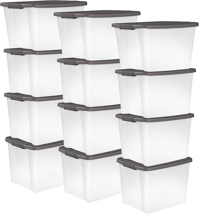 Sterilite 12-Pack Plastic Storage Bins w/ Lids, Shelf Totes Large Clear Totes, 50 Qt, Gray