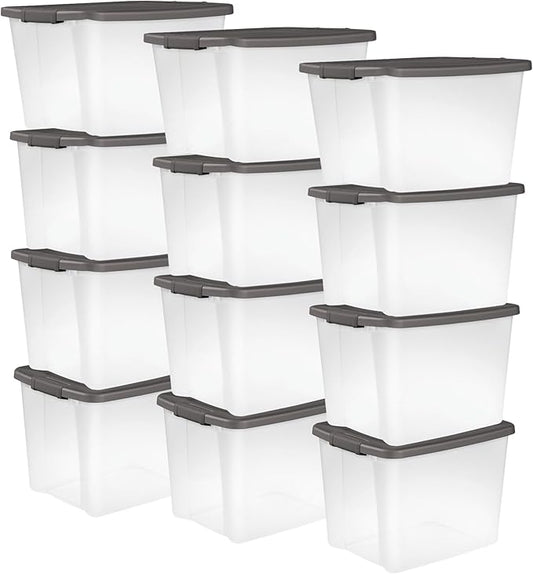 Sterilite 12-Pack Plastic Storage Bins w/ Lids, Shelf Totes Large Clear Totes, 50 Qt, Gray