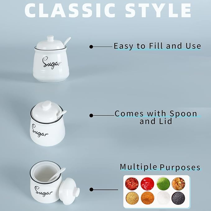 HAOTOP Farmhouse Porcelain Sugar Bowl with Lid and Spoon 12oz,Easy to Clean (White)