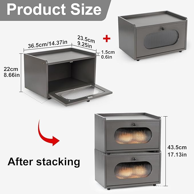 Sunhoo Bread Box for Kitchen Countertop Storage Wooden Breadbox Holder Container Morden Rustic Fresh Bread Keeper Farmhouse Stackable Organizer Bin for Homemade Food Shelf Acrylic Window (Grey)