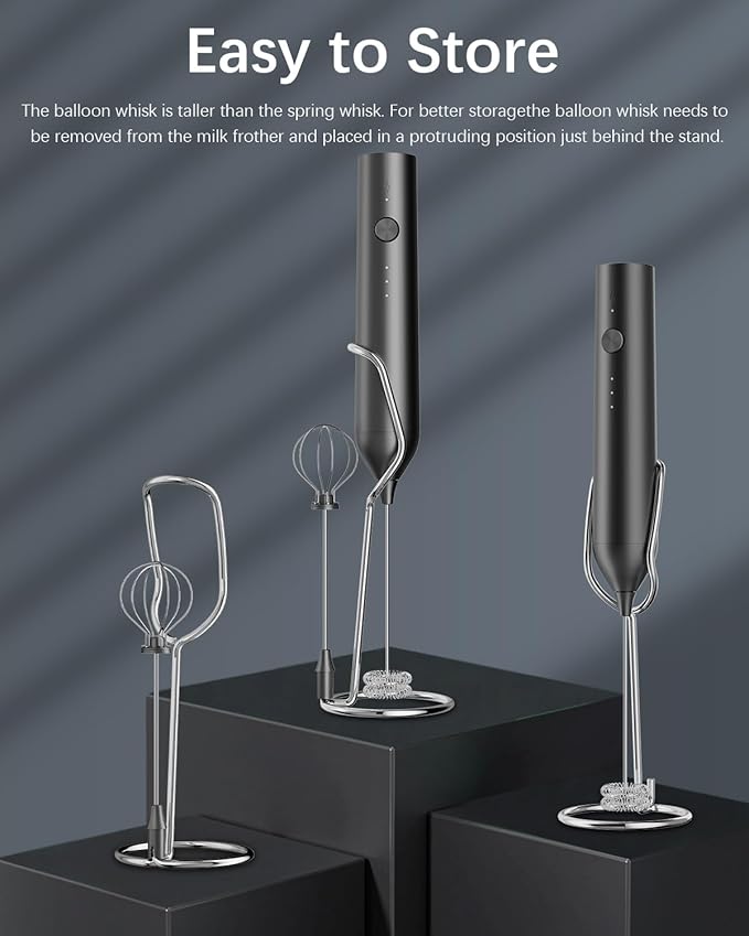 Rechargeable Milk Frother with Stand, Electric Frother Wand Handheld Coffee Foam Maker Detachable Stainless Steel Whisk Drink Mixer Foamer for Latte, Cappuccino, Hot Chocolate, Egg (Black)