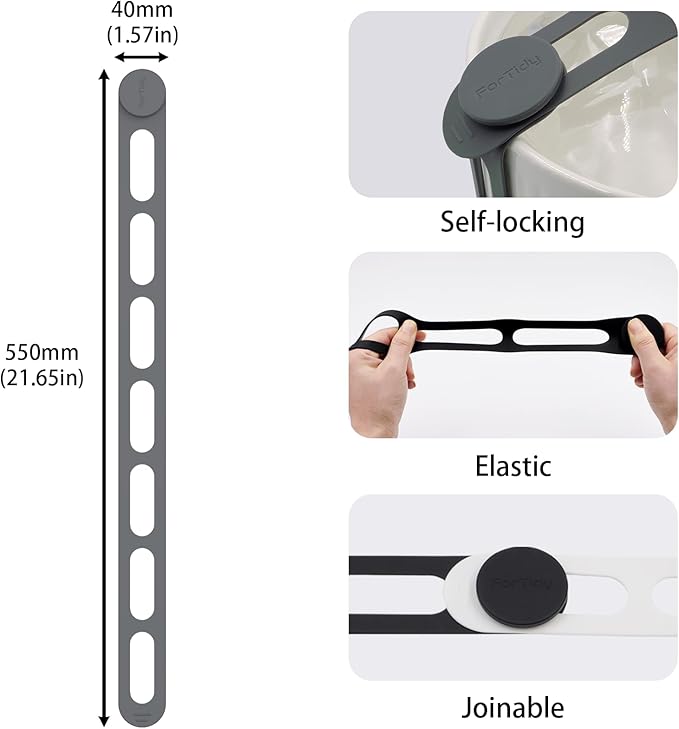 Silicone Utility Strap for Slow Cooker Lid, Pot, Bento Box, 21.65 In Reusable Elastic Self-Lock Silicone Tie for Bundling or Organizing Curtain, Cords, Yoga Mat, Camping Mat, 2pcs (Gray&White)