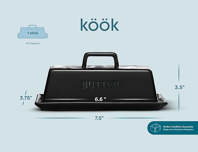 Butter Dish with Lid for Countertop, by Kook, Ceramic Dish Tray with Cover, Kitchen Keeper, Container, Holder, Holds 1 Stick, Microwave and Dishwasher Safe, Black