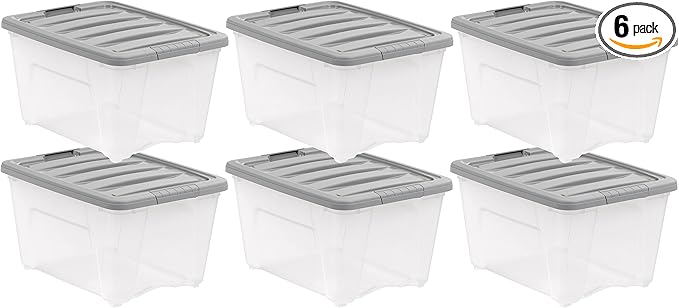Amazon Basics Plastic Storage Containers with Secure Latching Lids, Stackable Organization Bins, 32 Quart, Set of 6, Clear/Grey