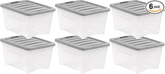 Amazon Basics Plastic Storage Containers with Secure Latching Lids, Stackable Organization Bins, 32 Quart, Set of 6, Clear/Grey