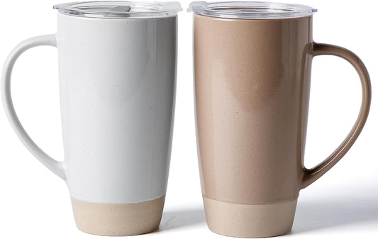 famiware Milkyway Coffee Mugs, 20oz Large Coffee Mug, Ceramic Mug Set of 2 with Lid, Cup Set with Handle for Latte, Tea, Cocoa, Milk, Home & Office, Cinnamon Brown and Light Gray
