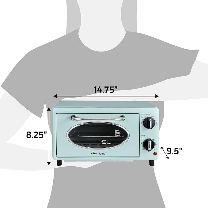 Elite Gourmet by Maximatic Americana Collection ETO147M Diner 50’s Retro Countertop Toaster oven, Bake, Toast, Fits 8” Pizza, Temperature Control & Adjustable 60-Minute Timer 1000W, 2 Slice, Mint