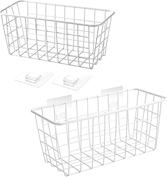 2 Set LeleCAT Hanging Wall Basket Organizer Over the Cabinet Door Adhesive Wire Baskets for Organizing Kitchen Food Pantry Bathroom Shelf Storage No Drilling Wall Mounted,White