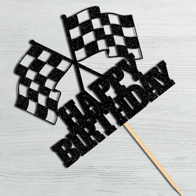 Race Car Cake Topper - Checkered Flag, Glitter, Happy Birthday Theme Cake Decor