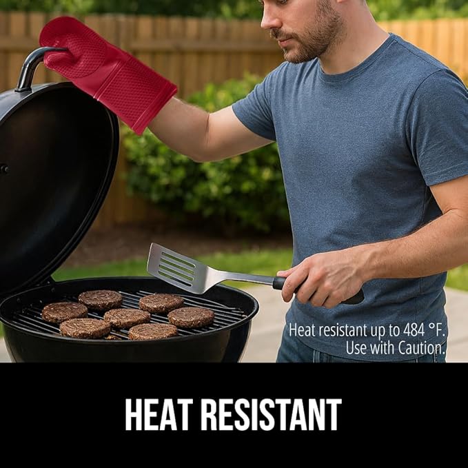 GORILLA GRIP BPA-Free Soft Silicone Oven Mitts, 14.5x8.3, Heat Resistant and Waterproof Cooking Gloves, Thick Cotton Lining, Flexible Gripping for Baking Grilling, Kitchen Potholders Set of 2, Red