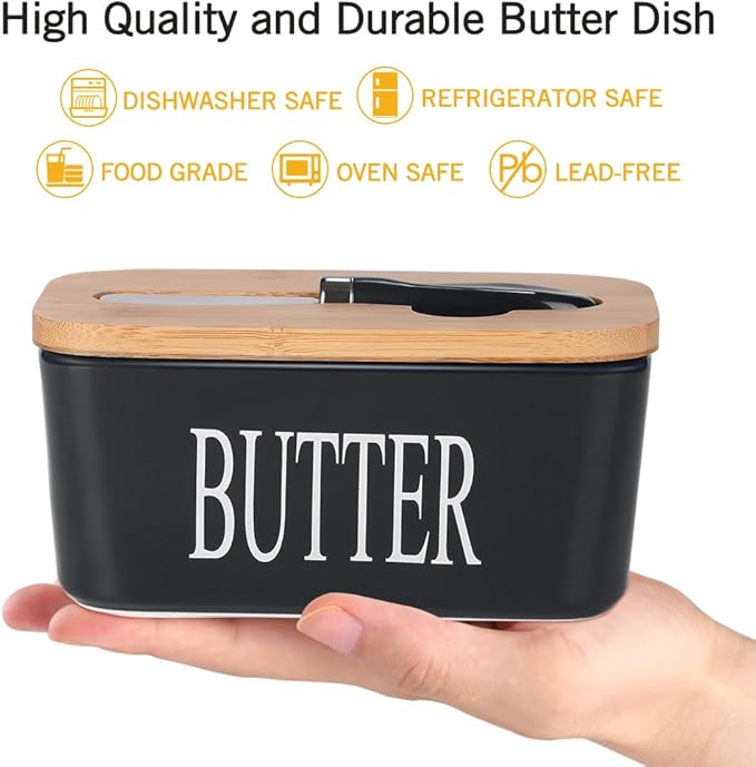 Ceramic Butter Dish with Wooden Lid, Large Butters Container Keeper Storage with Stainless Steel Knife Spreader, Bamboo Cover and Silicone Sealing Ring for West East Coast, Black