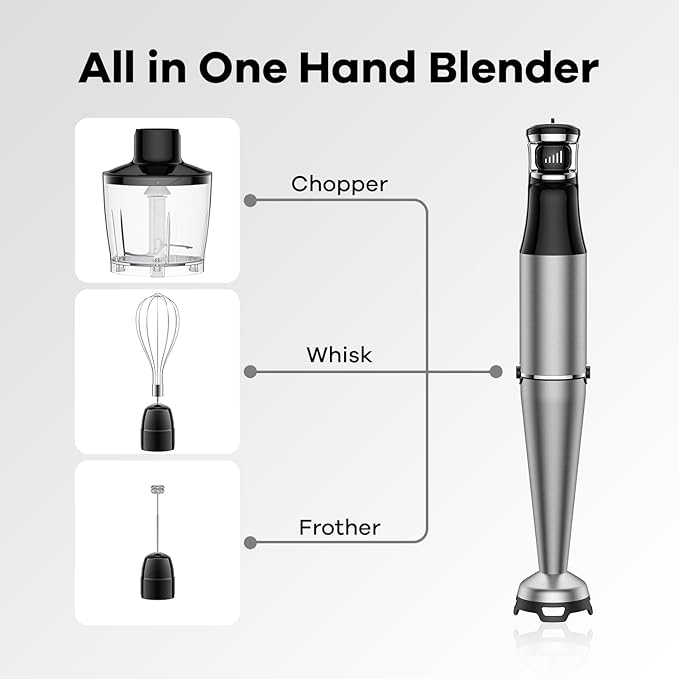 Immersion Blender Handheld 1100W 5 in 1 Corded Stick Hand Blenders for Kitchen with Trigger Speed Control, with Beaker, Chopper, Whisk, Frother, Perfect Emulsifier for Soup, Smoothie, Puree