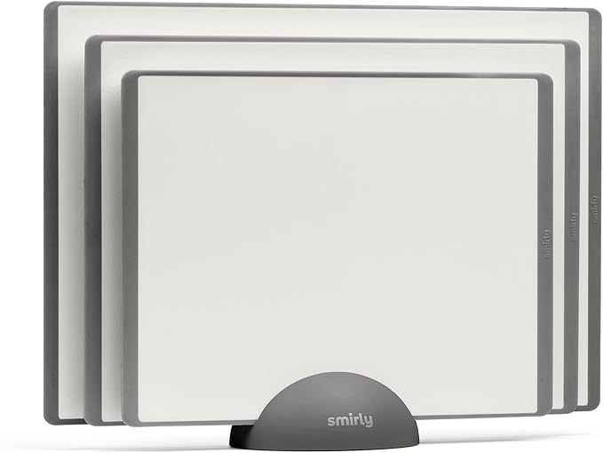 SMIRLY Plastic Cutting Board Set with Holder 3 Pieces, Non-Slip Dishwasher Safe Chopping Boards for Kitchen, Grey & White
